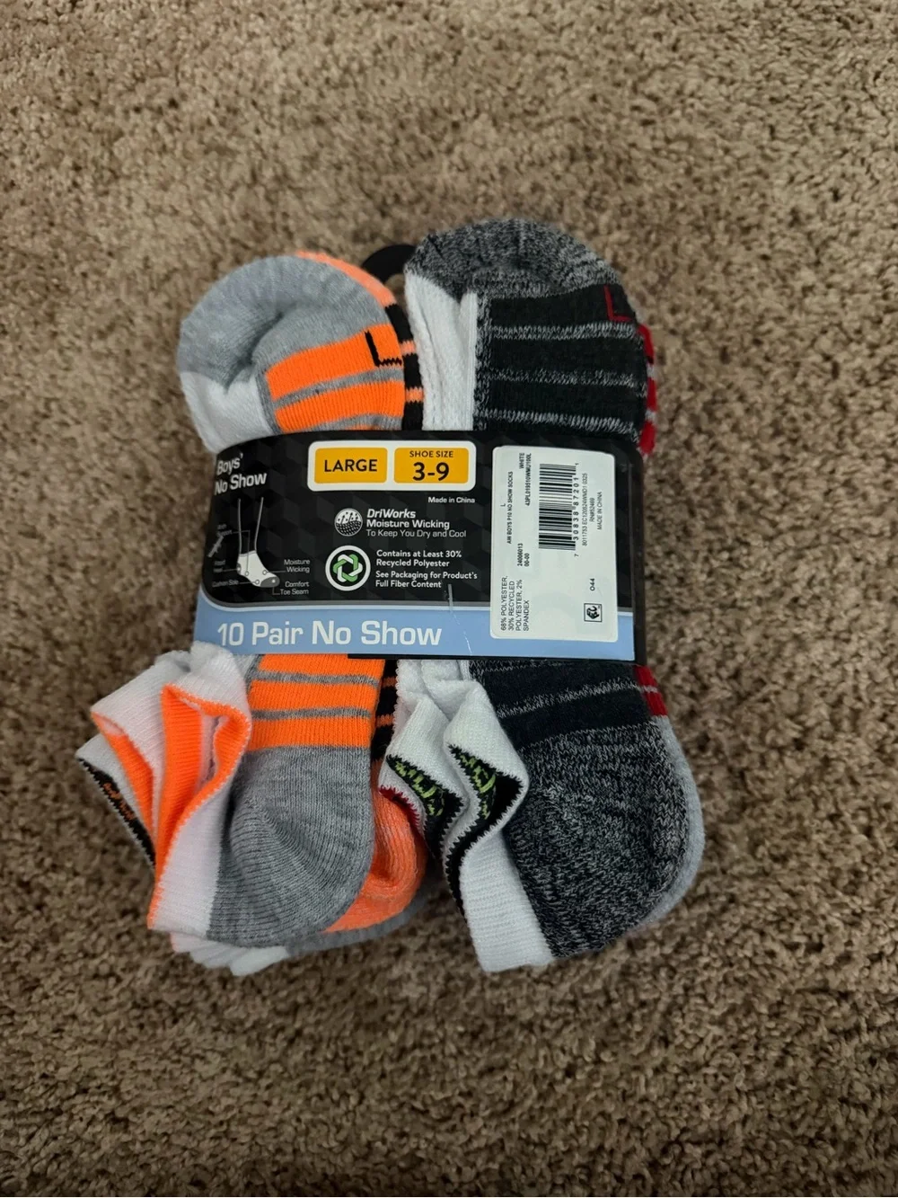 Athletic Works Boys' Moisture Wicking No Show Socks, 10-Pair Pack Large, 3-9